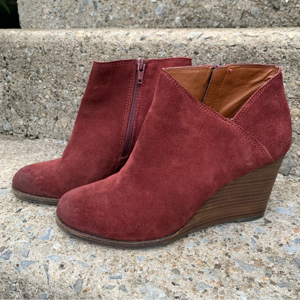 Lucky Brand Wedge Ankle Boots Maroon Suede Leather | Size 8.5